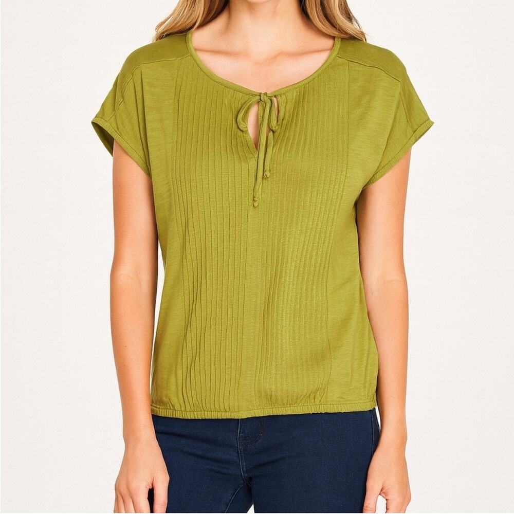 Prana Olive Green “Ocupas Popover” Boxy Pleated Short Sleeve T-Shirt Size Medium - Picture 2 of 12